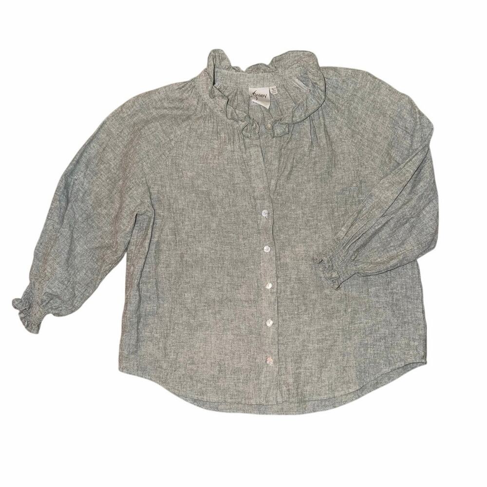 Finley olive green hemp cotton blend button front ruffle peasant blouse large US